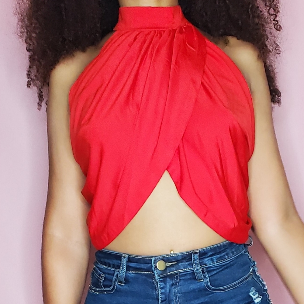 Red open back blouse